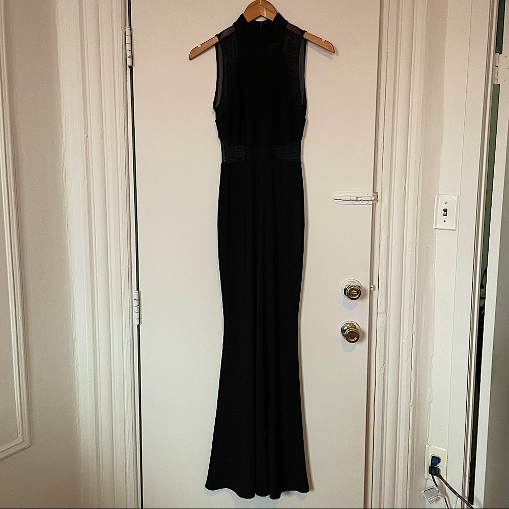 Betsy & Adam black gown with mesh paneling